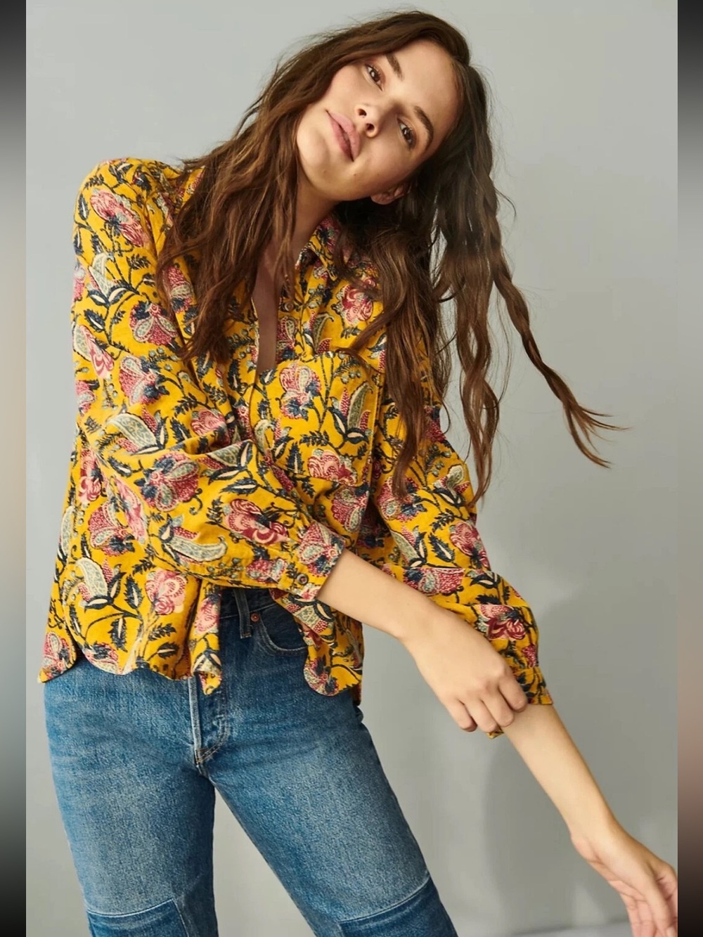 Anthropologie Pilcro Mustard Floral Corduroy Button Down Shirt XS Cotton